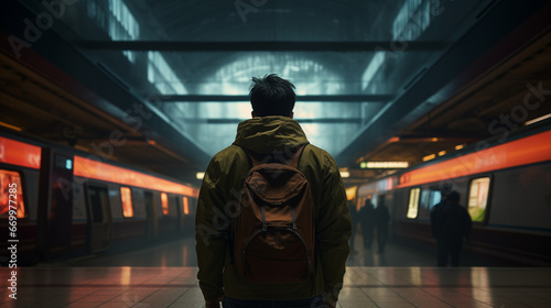 man at the train station preparing to board a train destination unknown
