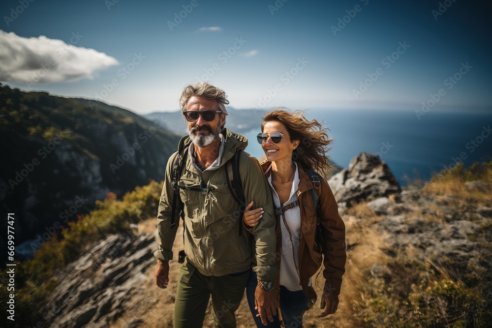 Equipment for hiking adventures together a family of a woman and a man. Tourism adults travel together hiking sports in nature. Equipment for hiking adventures together a family of a woman and a man. Tourism adults travel together hiking sports in nature.