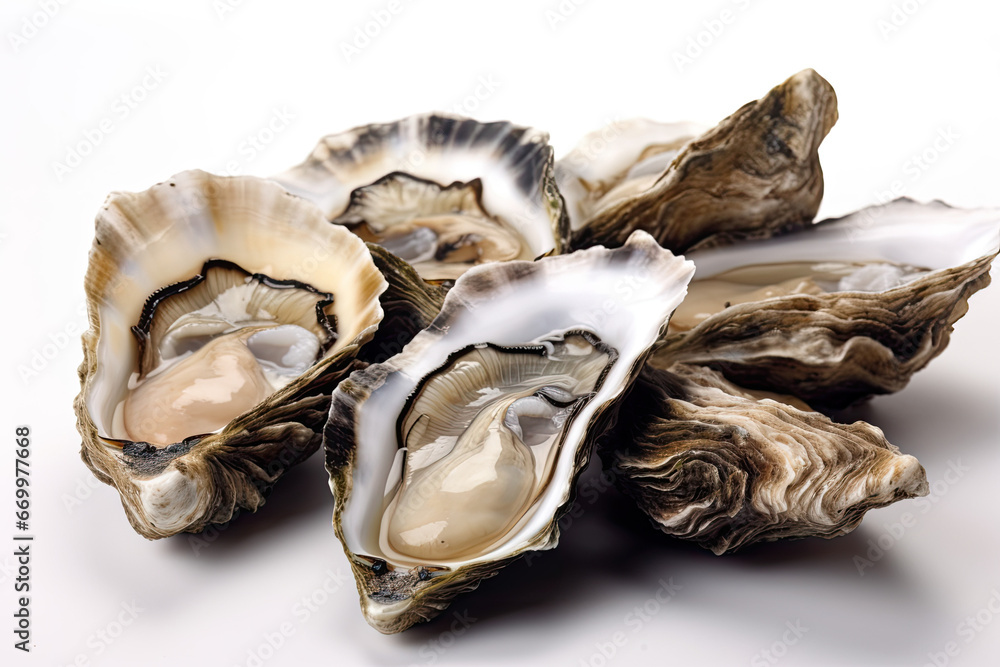 Close up of opened oysters. Seafood isolated on white background Close up of opened oysters. Seafood isolated on white background