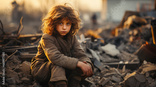 Orphaned children is homeless after the war , child in dirty clothes abandoned after an war