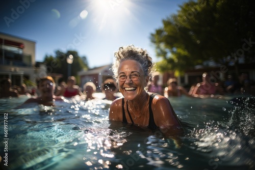An adult woman swims in the pool  group fitness training in the water. An elderly happy person smiles and is engaged in health. A cheerful pensioner on vacation.