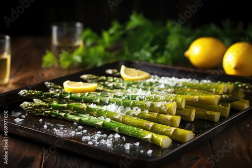 glistening, crispy roasted asparagus on a dark wood table