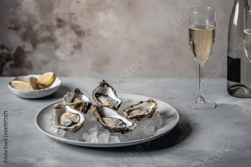 Close up of white plate with opened oysters with glass of wine, champane and lemon. Seafood on mramor table, background photo