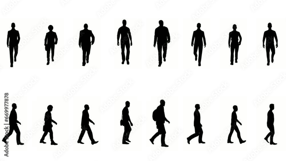 silhouette business man people walk on white background. silhouette black people walking communicate white screen. design for animation, people standing isolate speak person human silhouette body.