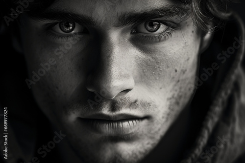 Male caucasian intense close up portrait in black and white, harshly processed photo