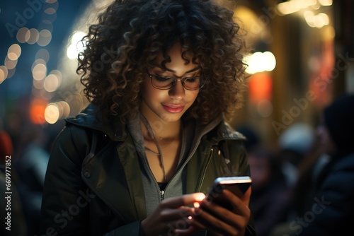 A woman uses a phone in the evening with glasses writes a message to chat to friends in the social network.