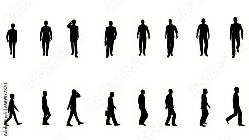 silhouette business man people walk on white background. silhouette black people walking communicate white screen. design for animation, people standing isolate speak person human silhouette body.