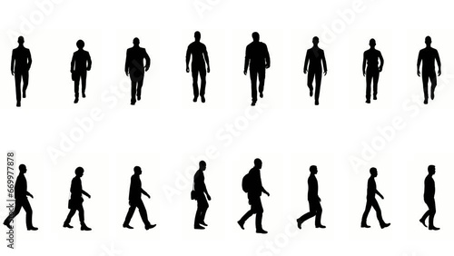 silhouette business man people walk on white background. silhouette black people walking communicate white screen. design for animation, people standing isolate speak person human silhouette body.