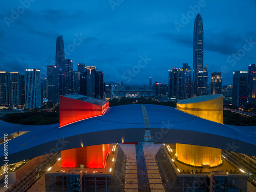 Shenzhen ,China - June 18 2022: Aerial footage of night cityscape in shenzhen city, China photo