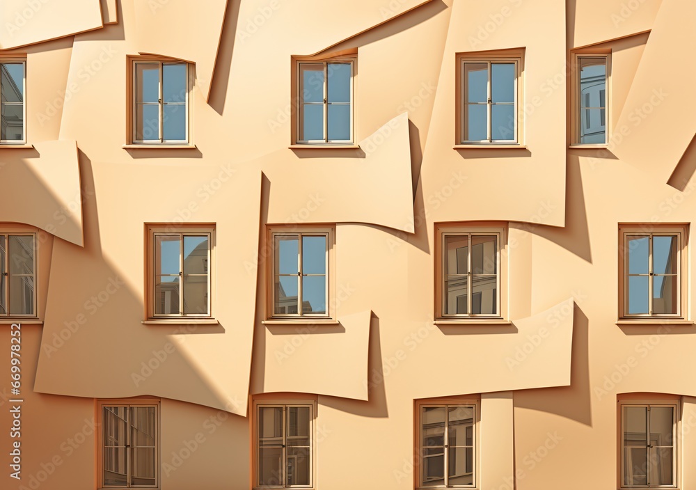 several windows in an imaginary building that appear to be crooked, flat backgrounds, viennese actionism, beige, low resolution, playing with light and shadow, witty and clever cartoons, focus