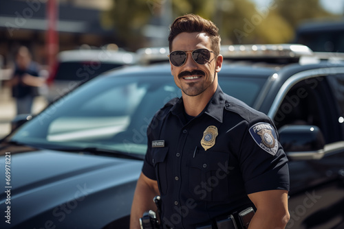 Attractive police officer posing at the street. Generative AI © chones