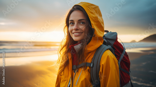 A woman traveler with a yellow backpack or a yellow jacket on the ocean shore at sunset. Young woman enjoying nature outdoors. Adventure  vacation concept.