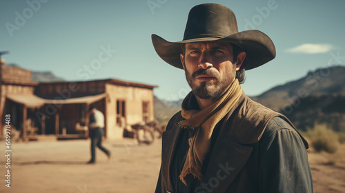 Handsome Cowboy arrives into an old West town in Cinematic Western Scene photo