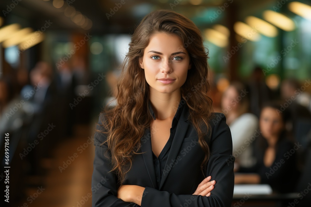 Portrait of a woman with her arms crossed business pose a manager in a business suit is standing in the office and colleagues in the background. Portrait of a woman with her arms crossed business pose a manager in a business suit is standing in the office and colleagues in the background.