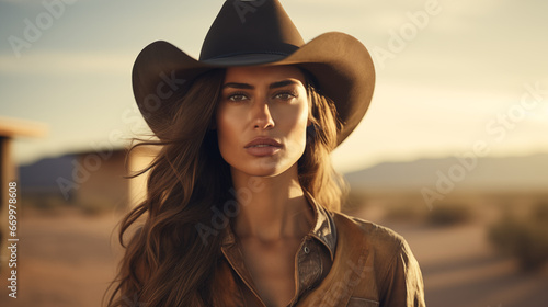 Beautiful Cowgirl in Cinematic Western Scene photo