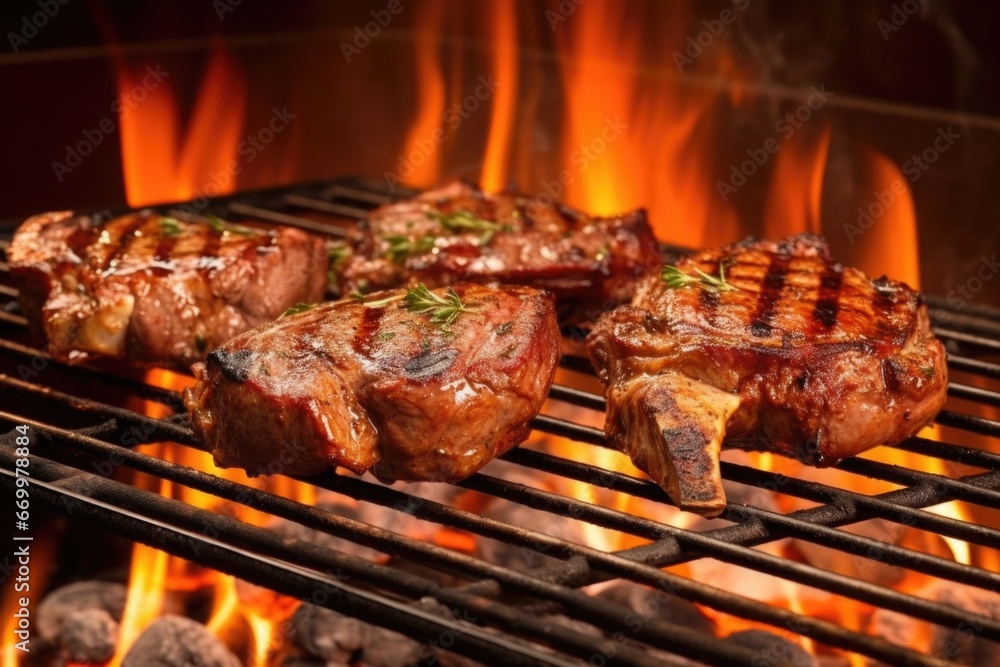 lamb chops on a grill, with flames underneath