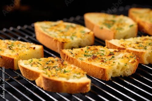 bbq cooked garlic bread slices cooling on a rack photo