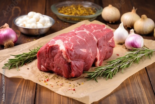 beef roast on butcher paper alongside scattered garlic bulbs
