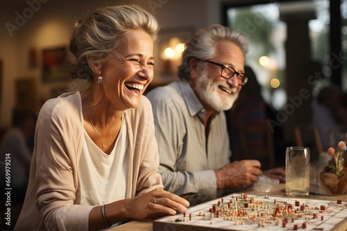 Family couple elderly people pensioners are happy. Old people play in a nursing home together, socializing in old age.