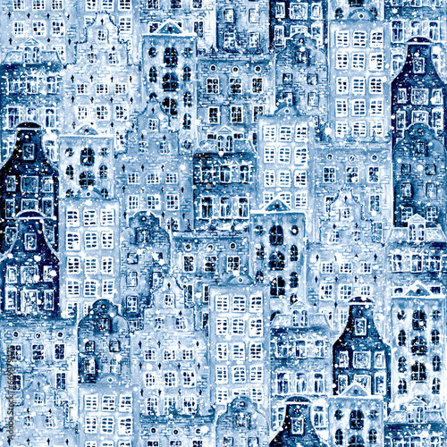 Canvas Print Winter seamless pattern of watercolor old europe houses in snowing day