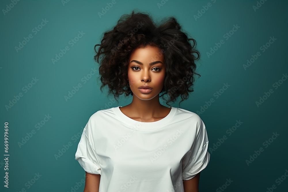 Portrait of a curly-haired woman in a white T-shirt looking at the camera does not smile. Portrait of a curly-haired woman in a white T-shirt looking at the camera does not smile.