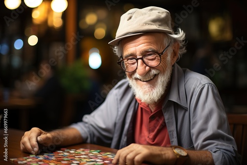Grandpa is having a good time laughing and playing board games. An elderly man is healthy and joyful.