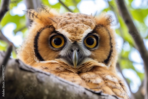 a closeup of an owls eyes perched in a tree © studioworkstock
