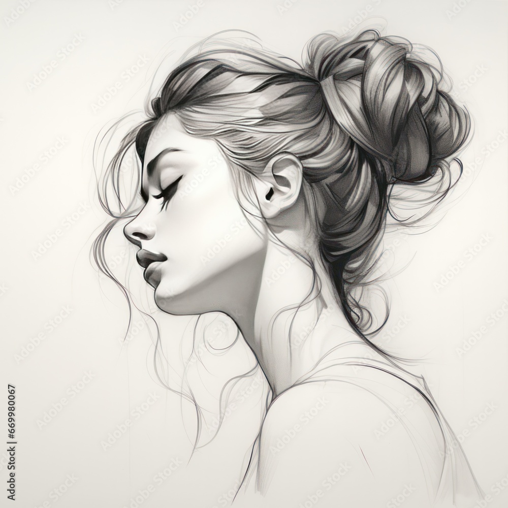 beautiful young girl female profile silhouette with bun hairstyle black ink sketch drawing beautiful young girl female profile silhouette with bun hairstyle black ink sketch drawing
