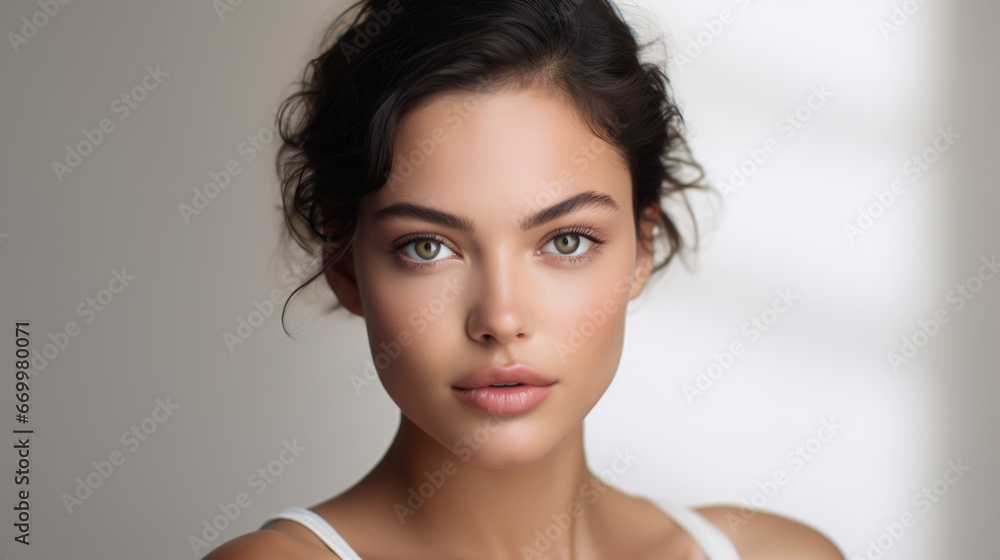Young beautiful woman with healthy skin and natural makeup on background. Natural beauty concept, studio photo. Young beautiful woman with healthy skin and natural makeup on background. Natural beauty concept, studio photo.