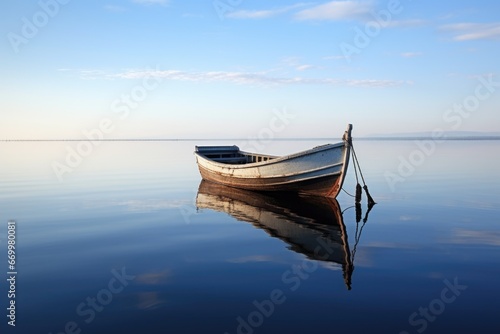 empty fishing boat floating on a calm, still pond photo