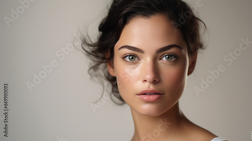 Young beautiful woman with healthy skin and natural makeup on background. Natural beauty concept, studio photo.