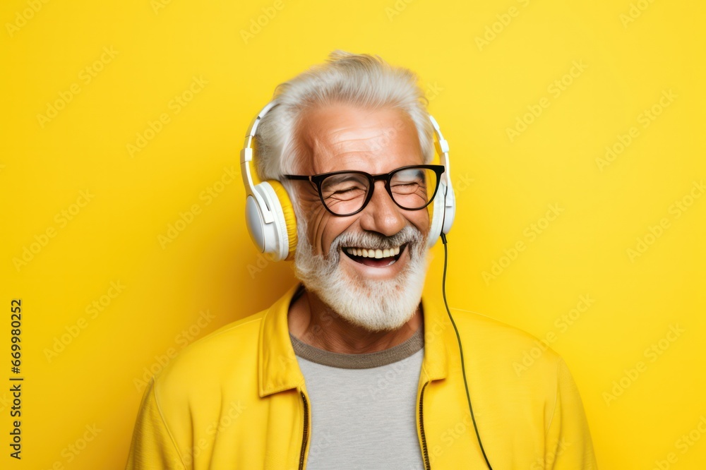 senior bearded man with headset in glasses laughing. Baby boomer guy smiling in headphones listening to music yellow background banner.