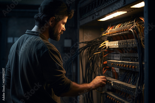 Man, an electrical technician working in a switchboard with fuses