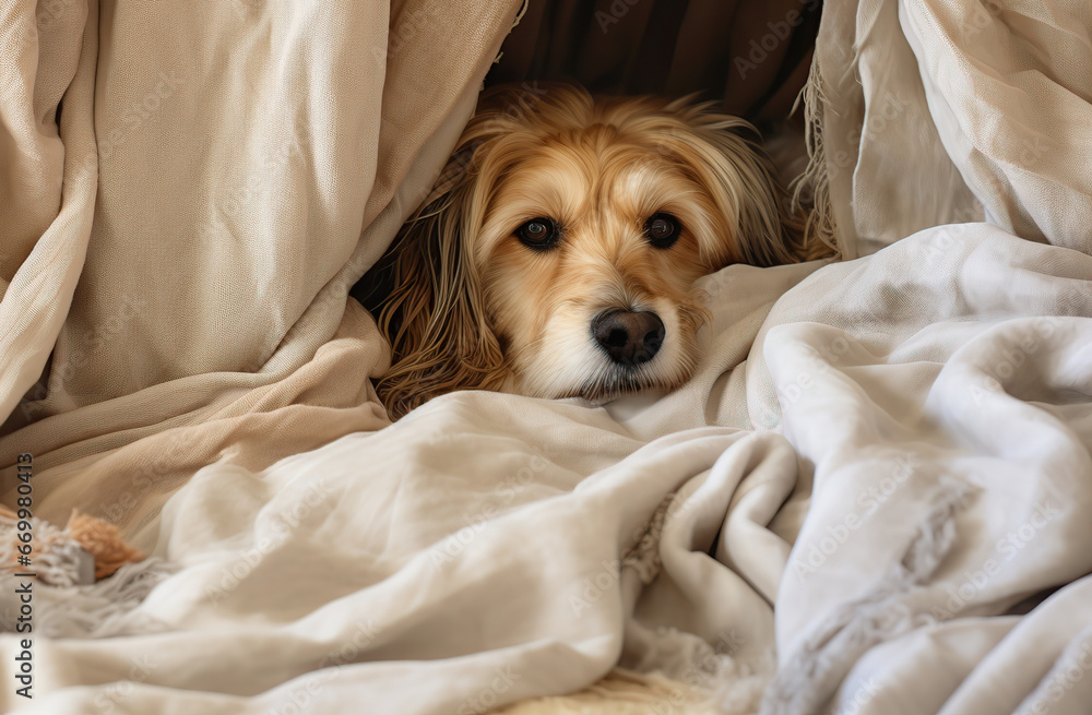 Obraz premium Portrait of a large dog basking in a warm blanket at home in the heat.