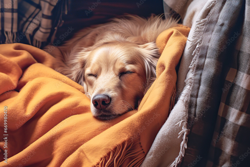 Obraz premium Portrait of a large dog basking in a warm blanket at home in the heat.