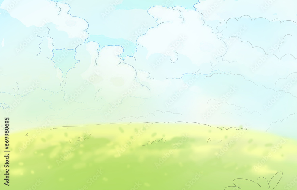 simple sunny spring field and cloudy sky landscape cartoon illustration background