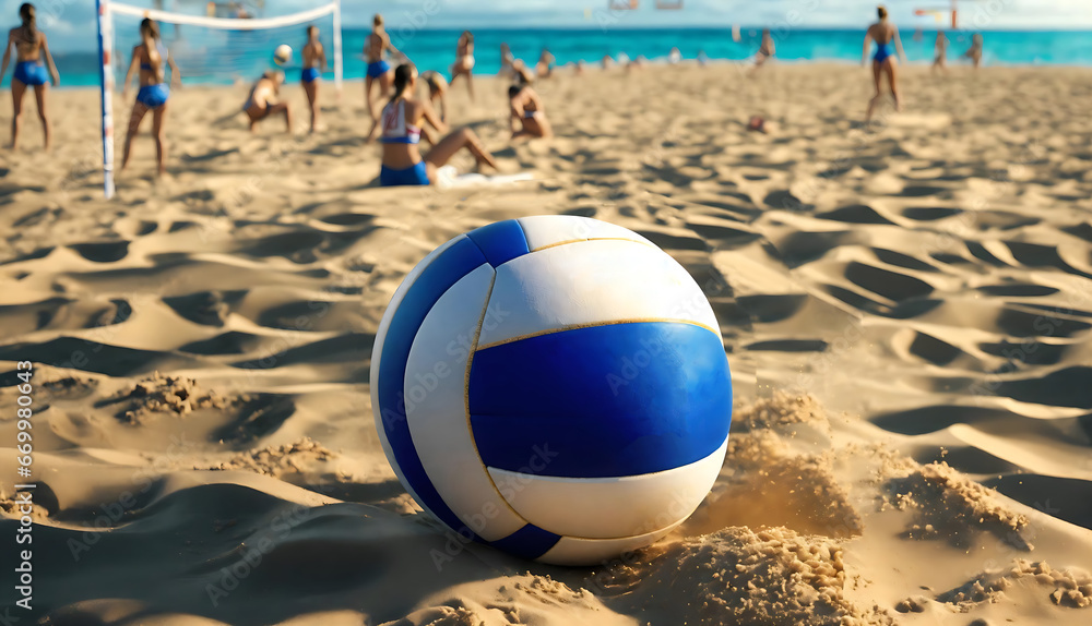 selective focus on ball. sporty team playing to volley ball to teammate. female group, team of Women playing volleyball on summer sandy beach. lady volleyball player. summertime. Generative ai