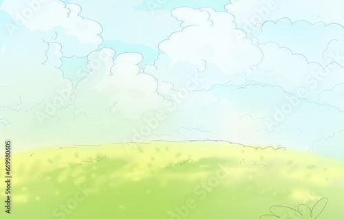 simple sunny spring field and cloudy sky landscape cartoon illustration background (ID: 669980605)