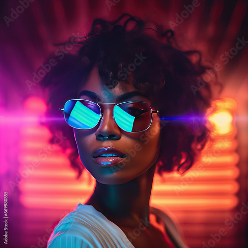 Portrait of an African-American woman wearing sunglasses. She poses seriously looking at the camera with an air of superiority. .
