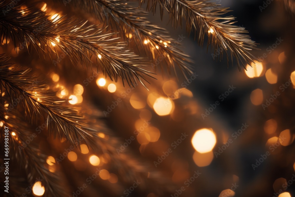 Christmas and New Year background with golden bokeh lights and fir branches