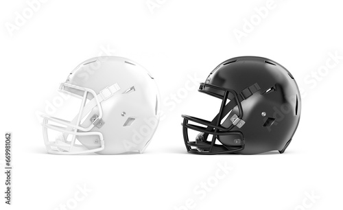Blank black and white american football helmet mockup, profile view