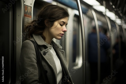 Young woman in a subway car, looking at the floor.