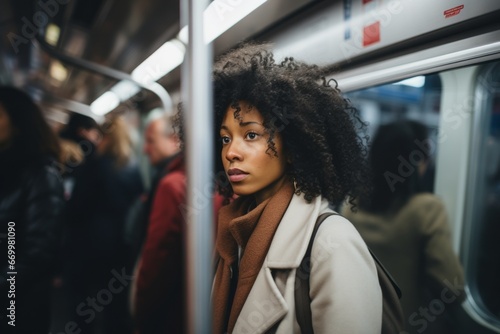 young beautiful afro american woman in the subway car, lifestyle people concept