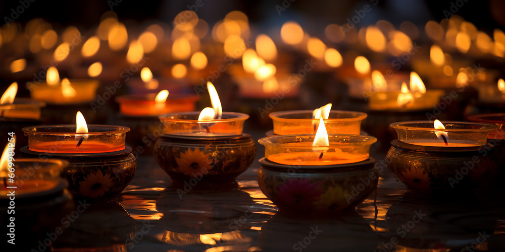 The warm glow of candles on krathongs in the dark. The warm glow of candles on krathongs in the dark.