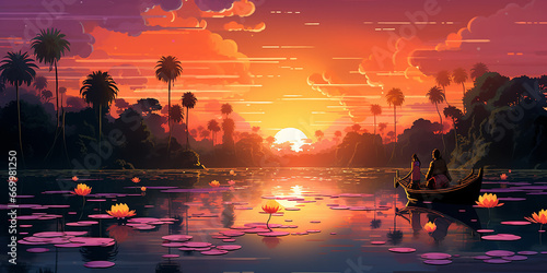 A 3D rendering of a breathtaking sunset over a river