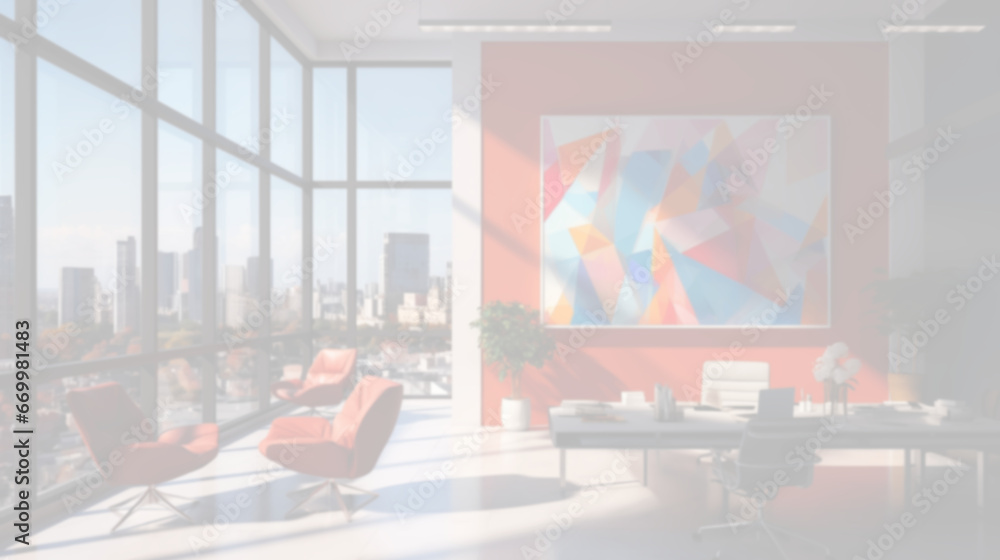 Naklejka premium Interior of a modern colorful office, blurred, background, AI-generative