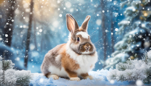 cute rabbit or hare against snowy winter forest background holiday christmas greeting card
