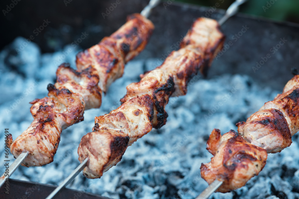 Cooking barbecue pork meat on smoking coals. Shish kebab on the grill. Cooking barbecue pork meat on smoking coals. Shish kebab on the grill.