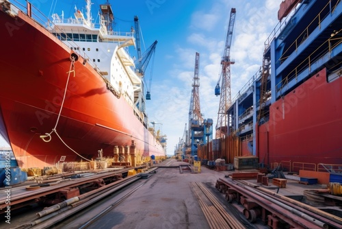Billede på lærred wide view of cargo ship assembly line at a dockyard