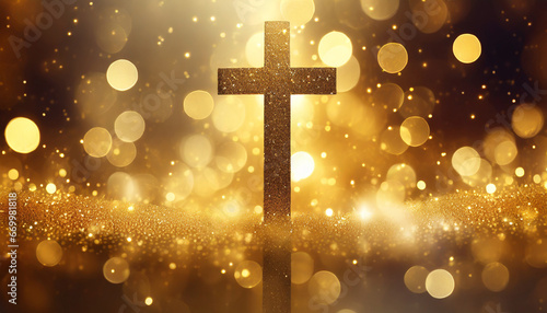 beautiful gold bokeh background with a christian cross